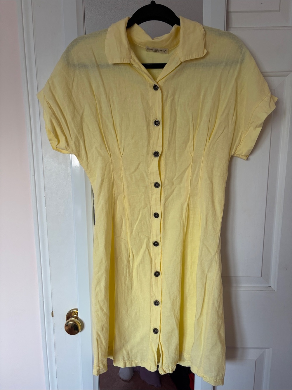 Linen/ Cotton Made in Italy. Butter Yellow Button-Front Mini Dress Short Sleeves